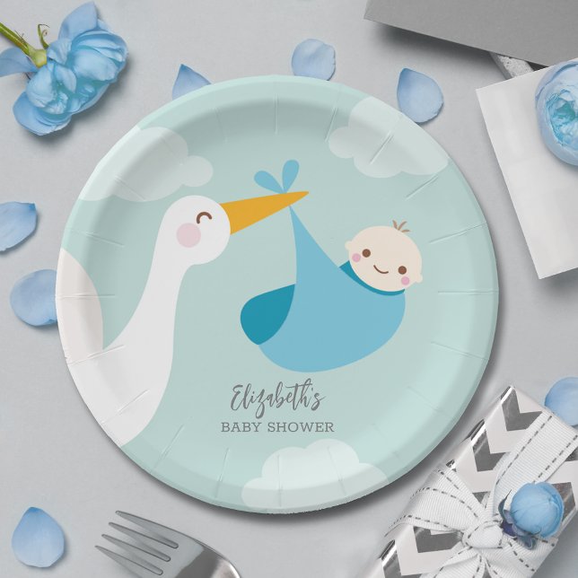 Assiettes En Carton Baby shower pour garçon Stork Bundle (Stork Blue Bundle Boy Baby Shower Paper Plates)