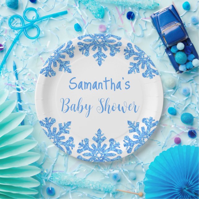Assiettes En Carton Baby shower pour garçons d'hiver Blue Snowflake (Fête)