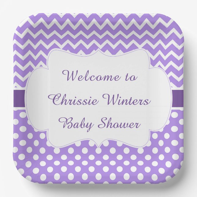 Assiettes En Carton Baby shower pourpre Chevron et blanc Pois (Recto)