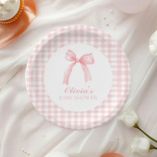Assiettes En Carton Baby shower prépa avec un nœud rose et gingham