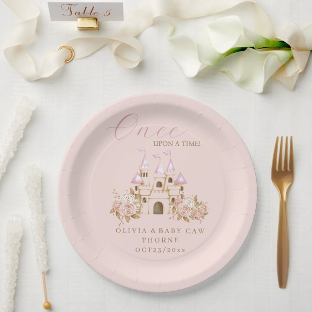 Assiettes En Carton Baby shower Princess du château d'or rose (Mariage)