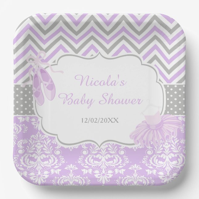 Assiettes En Carton Baby shower Purple et Grey Chevron Ballerina (Recto)