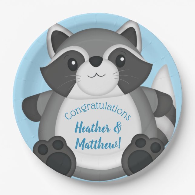 Assiettes En Carton Baby shower Raccoon bleu (Devant)