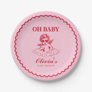 Assiettes En Carton Baby shower rétro en rose et rouge avec chérubin