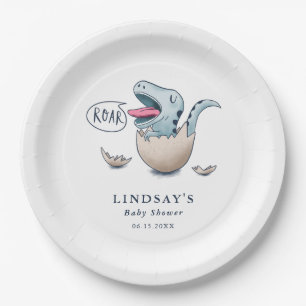 Assiettes En Carton Baby shower ROAR Cute Blue Dinosaur