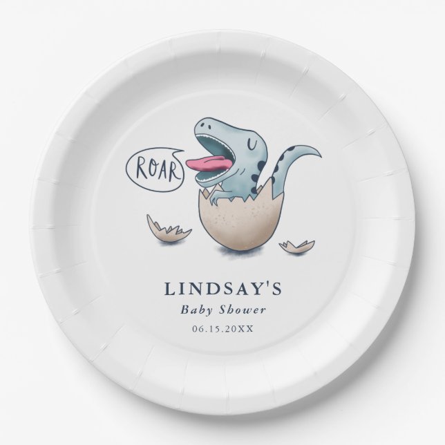 Assiettes En Carton Baby shower ROAR Cute Blue Dinosaur (Devant)