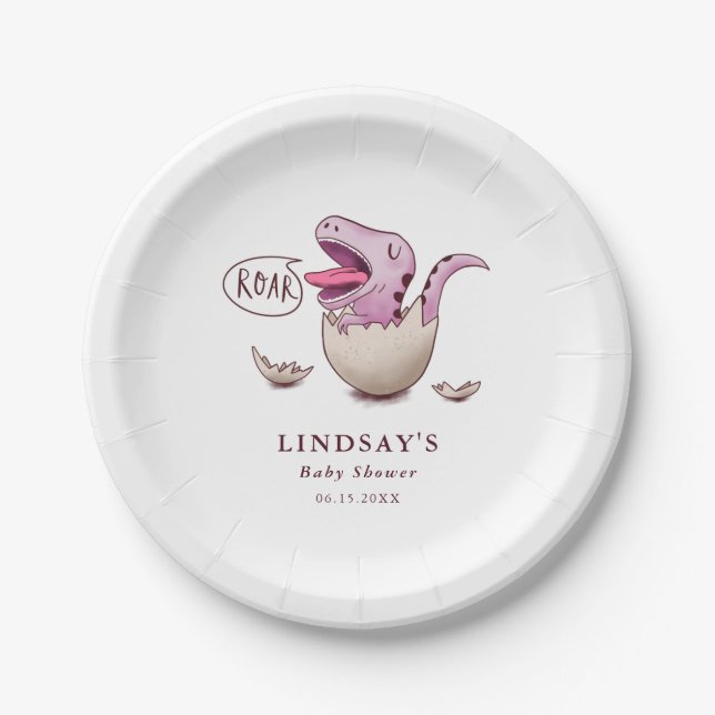 Assiettes En Carton Baby shower ROAR de dinosaure rose mignon (Devant)