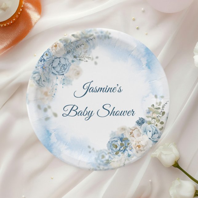 Assiettes En Carton Baby Shower Rose Bleue Bohème (Créateur téléchargé)