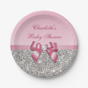 Assiettes En Carton Baby shower rose chic de paillettes d'argent d'arc