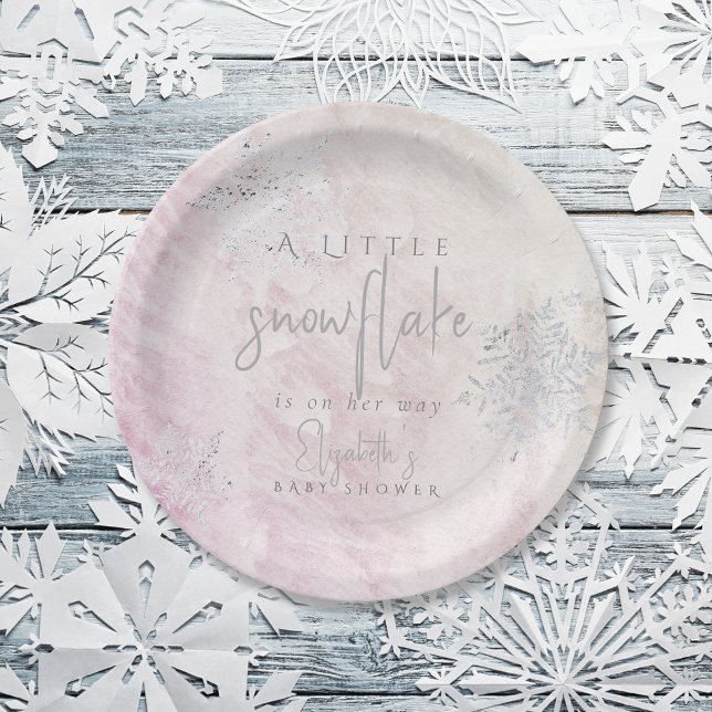 Assiettes En Carton Baby shower rose de flocons d'argent d'hiver conge (Créateur téléchargé)
