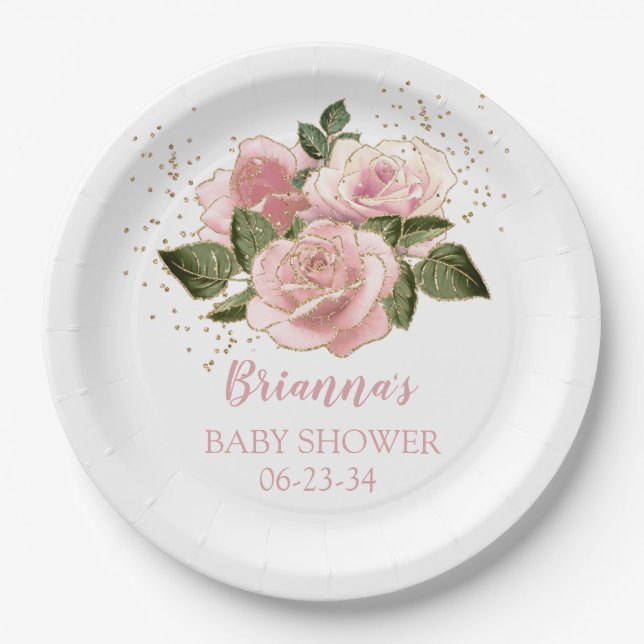 Assiettes En Carton Baby shower Rose de Parties scintillant d'or rose (Devant)