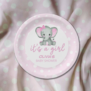 Assiettes En Carton Baby shower rose Eléphant mou