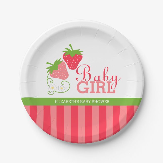 Assiettes En Carton Baby shower rose et vert fraise (Devant)