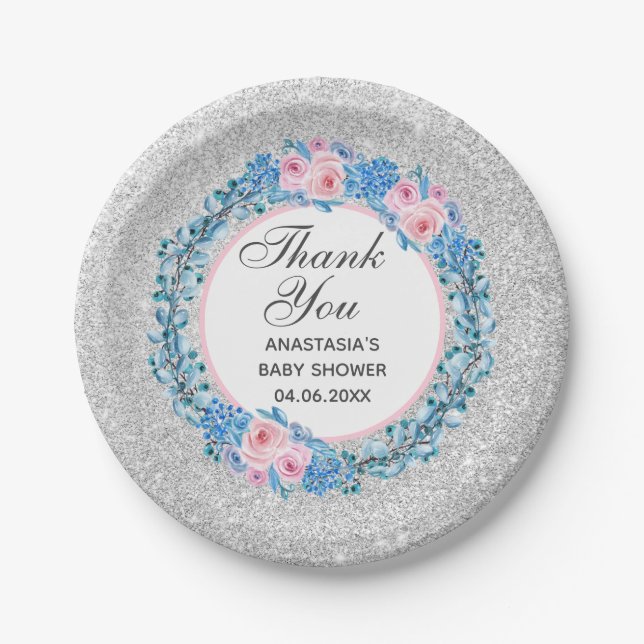 Assiettes En Carton Baby shower Rose Merci rose argent (Devant)