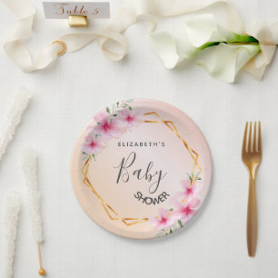 Assiettes En Carton Baby shower rose or rose rousse floraux géométriqu