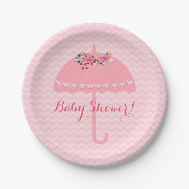 Assiettes En Carton Baby shower rose parapluie fille Chevron plaque en (Devant)