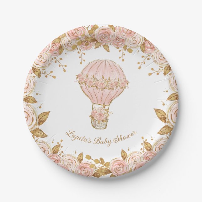 Assiettes En Carton Baby shower Rose Whimsical Hot Air (Devant)