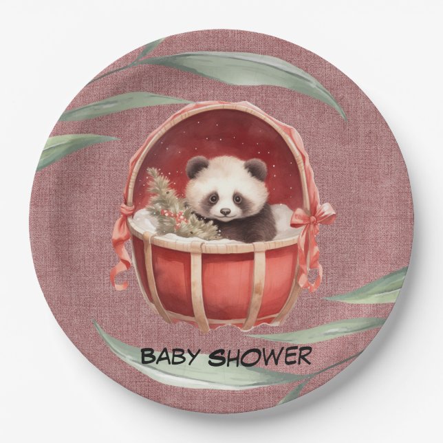 Assiettes En Carton Baby shower rouge Panda-ours neutre pour les femme (Devant)