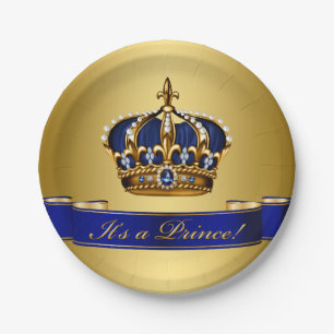 Assiettes En Carton Baby shower Royal Blue and Gold Crown Prince