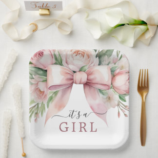 Assiettes En Carton Baby Shower Ruban Rose Pâle Floral Romantique