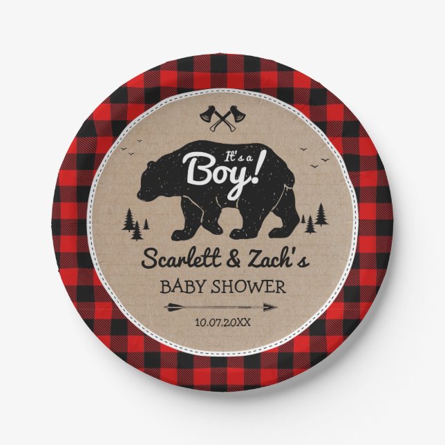 Assiettes En Carton Baby shower Russe de l'ours bûcheron (Devant)