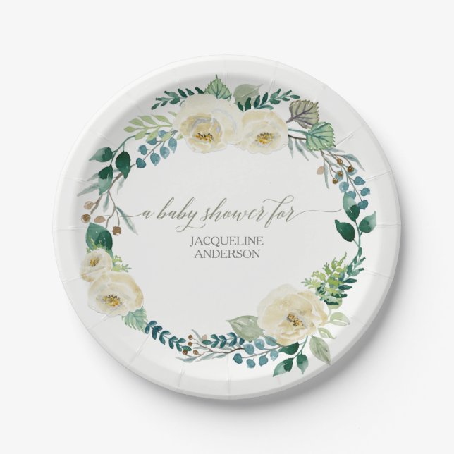 Assiettes En Carton Baby shower Russe Wreath Albâtre Roses ivoire (Devant)