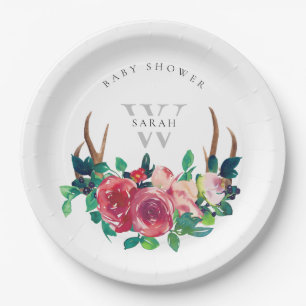 Assiettes En Carton Baby shower Rustique Boho Red Floral Stag Antlers