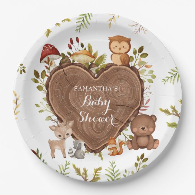Assiettes En Carton baby shower rustique d'animaux de bois (Devant)