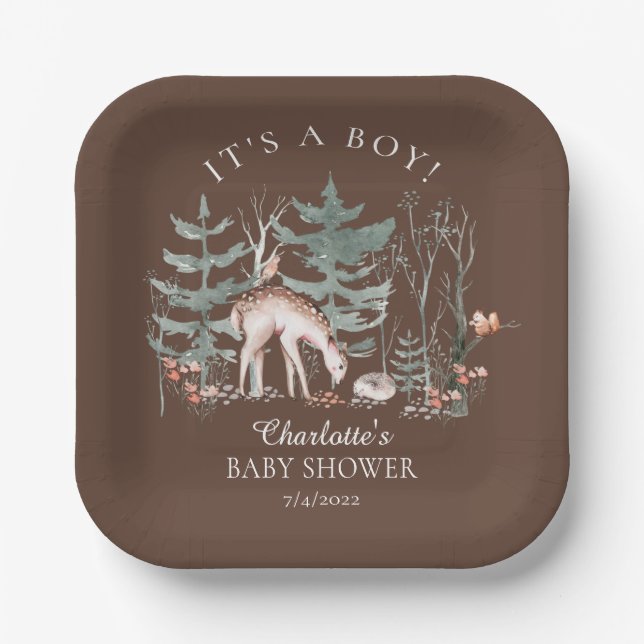 Assiettes En Carton Baby shower Rustique des animaux forestiers (Recto)