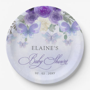 Assiettes En Carton Baby shower Rustique Floral Purple Lilac Butterfli