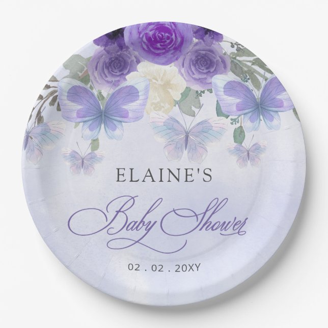 Assiettes En Carton Baby shower Rustique Floral Purple Lilac Butterfli (Devant)