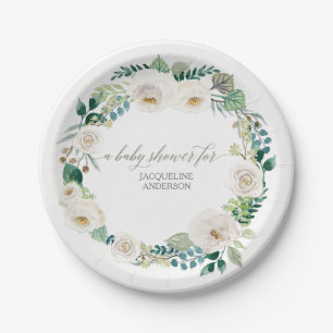Assiettes En Carton Baby shower Rustique Wreath Albâtre Roses blanches