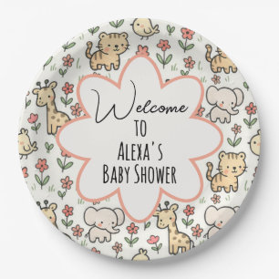 Assiettes En Carton Baby shower Safari Animal Avec Fleurs