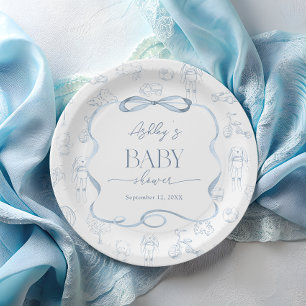 Assiettes En Carton Baby shower salle de bébé Toile De Jouy Bleue