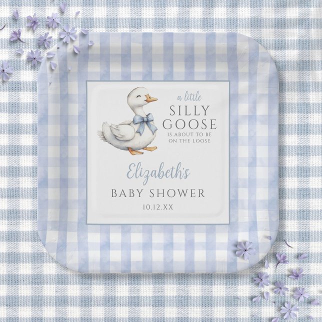 Assiettes En Carton Baby shower Silencieux En vichy bleu petit oie (Silly Little Goose Blue Gingham Baby Shower Paper Plates)