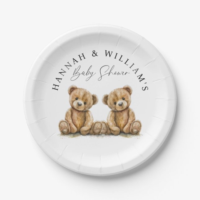 Assiettes En Carton Baby shower simple Aquarelle Teddy Bear Twins (Devant)