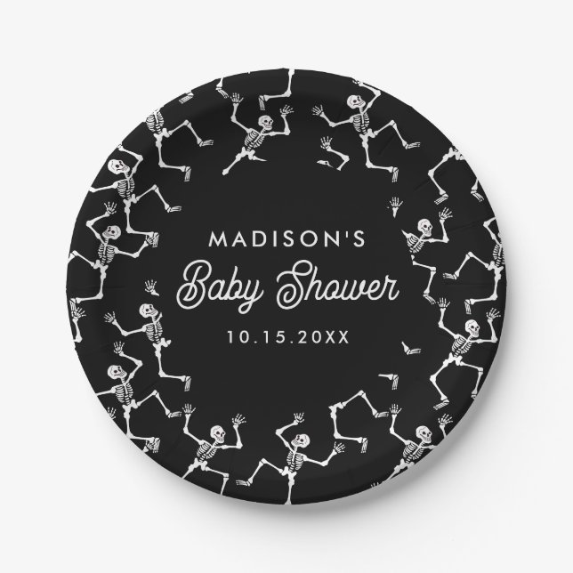 Assiettes En Carton Baby shower Skeletons de danse éffrayante (Devant)