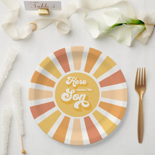 Assiettes En Carton Baby shower Soleil Venez Ici Le Son Jaune Rayons (Mariage)