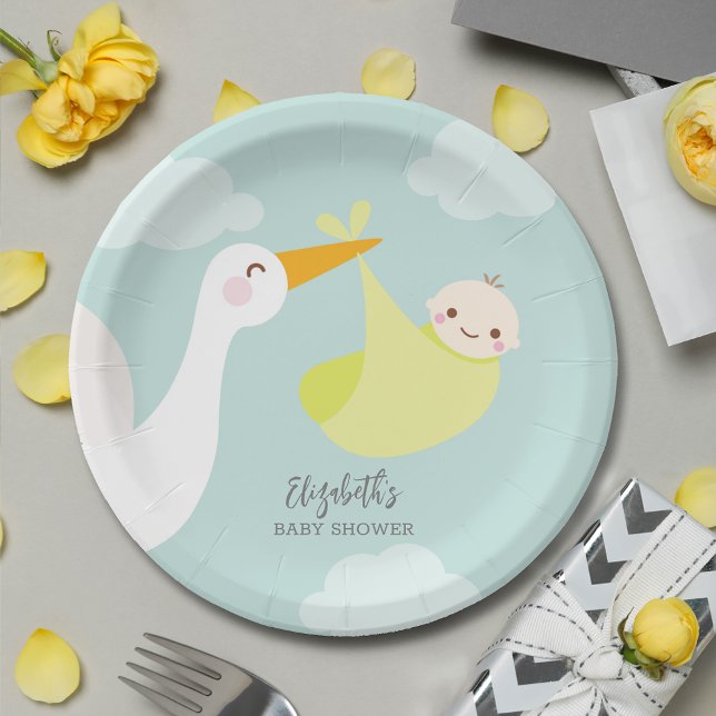 Assiettes En Carton Baby shower superposé jaune cigogne (Créateur téléchargé)