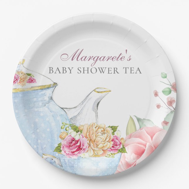 Assiettes En Carton Baby shower Tea Party Floral Elégant Personnalisé (Devant)