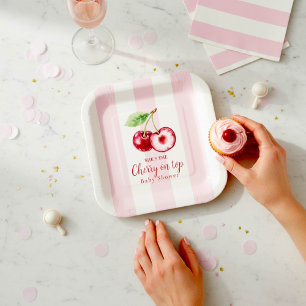 Assiettes En Carton Baby Shower Thème Cerise Rose Aquarelle