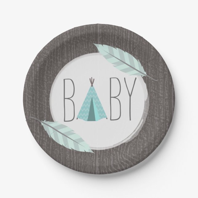 Assiettes En Carton Baby shower Tipi Turquoise - Inspiré Bois (Devant)