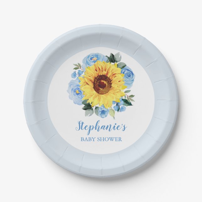 Assiettes En Carton Baby shower Tournesol Dusty Bleu Floral (Devant)