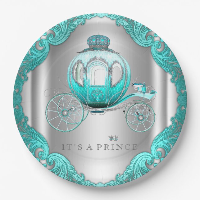 Assiettes En Carton Baby shower turquoise Blue Silver Prince (Devant)