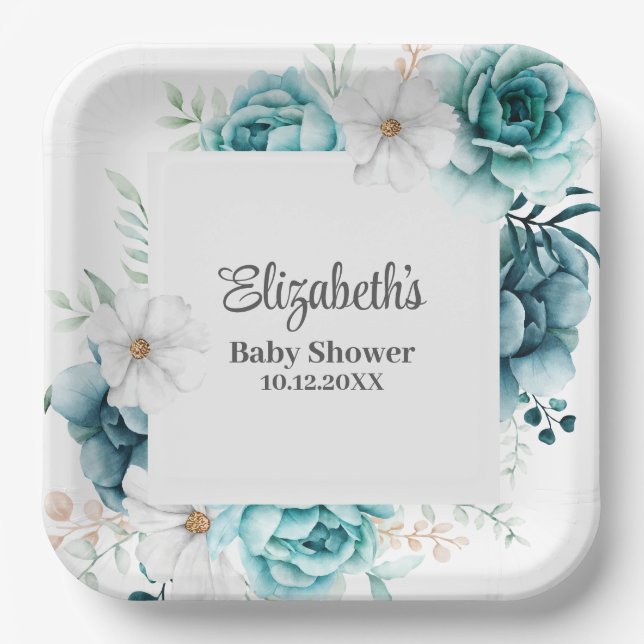 Assiettes En Carton Baby shower turquoise et blanc cassé (Recto)