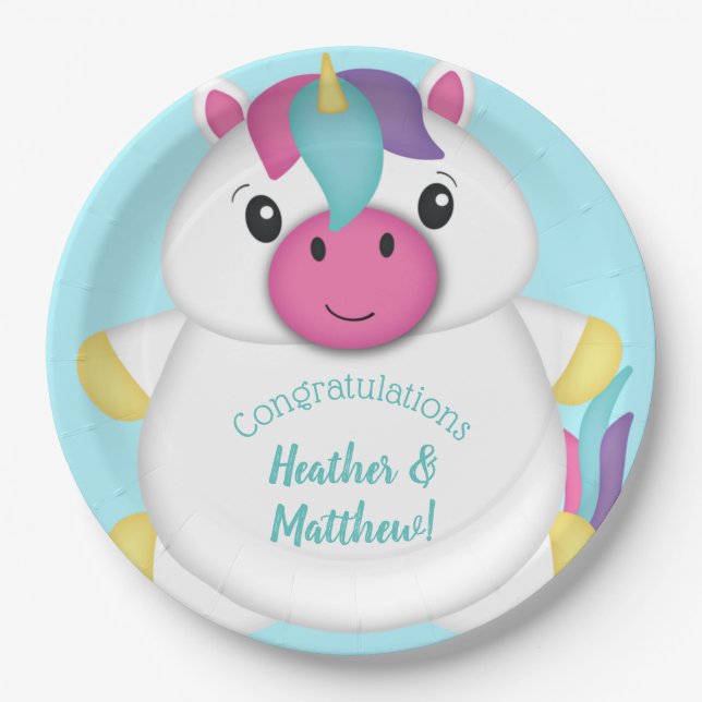 Assiettes En Carton Baby shower Unicorn Turquoise (Devant)
