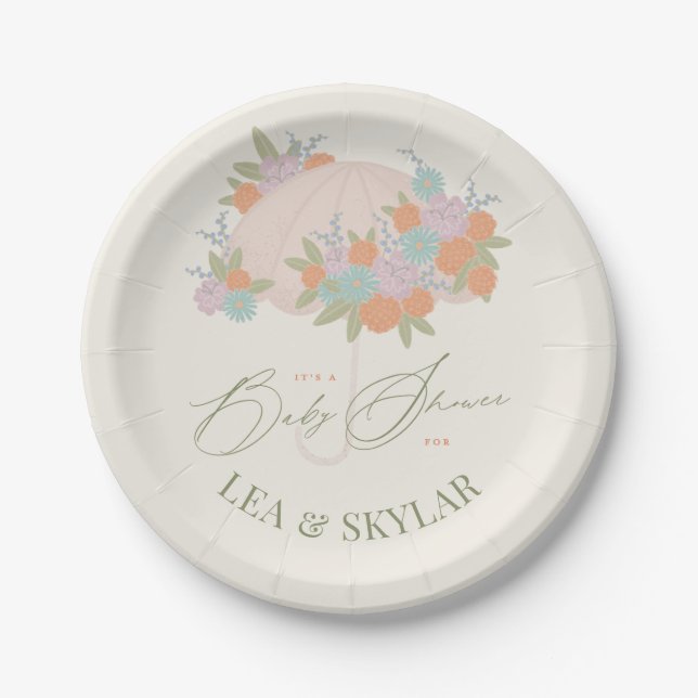Assiettes En Carton Baby shower Unisex Neutre Parapluie Floral (Devant)