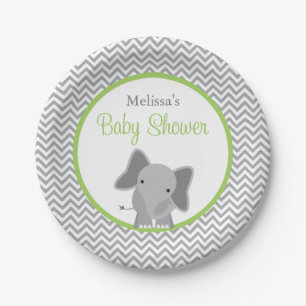 Assiettes En Carton Baby shower vert de Chevron d'éléphant mignon