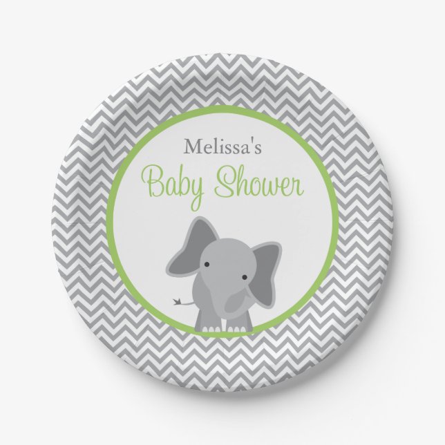 Assiettes En Carton Baby shower vert de Chevron d'éléphant mignon (Devant)