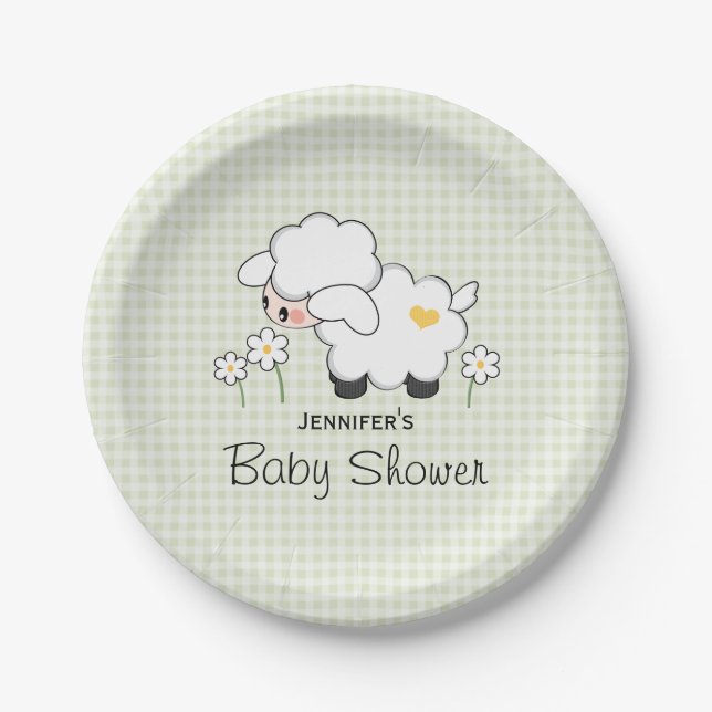 Assiettes En Carton Baby shower vert En vichy agneau (Devant)